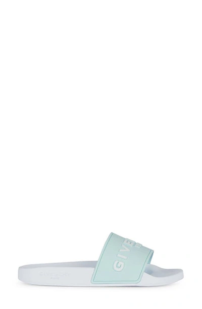 Shop Givenchy Logo Slide Sandal In White/ Aqua