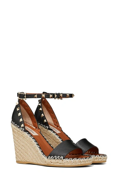 Shop Valentino Rockstud Ankle Strap Espadrille Wedge In Nero/ Light Cuir/ Natruale