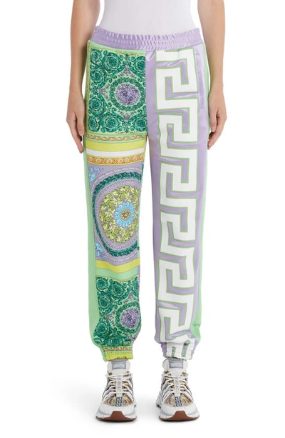 Shop Versace Barocco Mosaic Print Mixed Media Joggers In Lilac Water Green