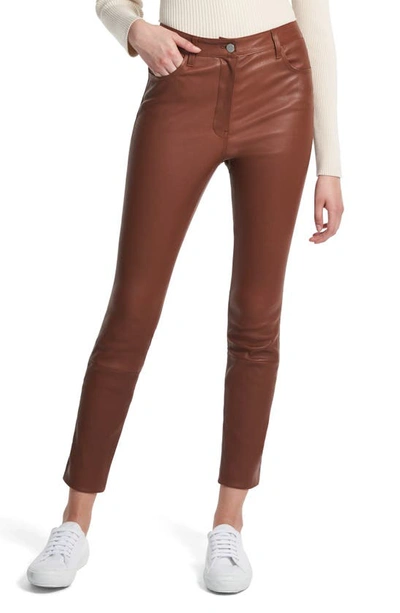 Shop Theory Leather High Waist Ankle Skinny Jeans In Dark Cognac