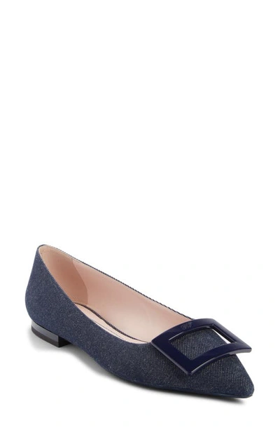 Shop Roger Vivier Gommettine Buckle Pointed Toe Flat In Navy