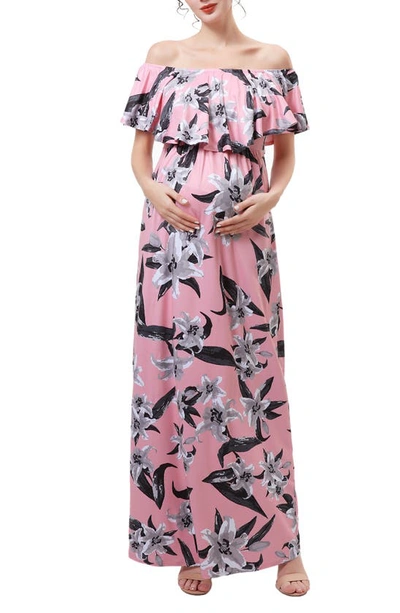 Shop Kimi And Kai Clara Off The Shoulder Maternity/nursing Maxi Dress In Pink