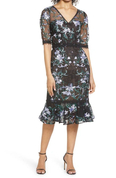 Shop Marchesa Notte Floral Embroidered Midi Cocktail Dress In Black