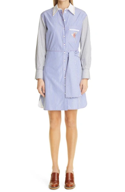 Shop Chloé Stripe Floral Embroidered Long Sleeve Poplin Shirtdress In Blue/ White