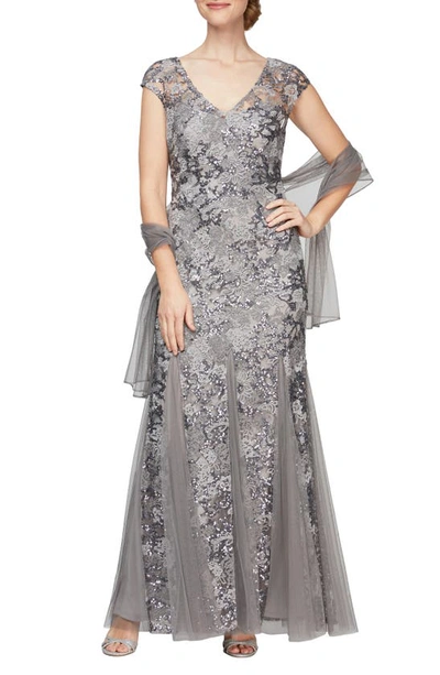 Shop Alex Evenings Sequin Embroidered Trumpet Gown In Pewter