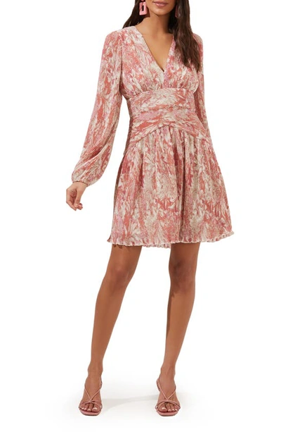 Shop Astr Floral Plisse Long Sleeve Wrap Front Dress In Coral Multi Floral