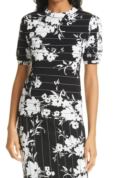 Shop Milly Floral Silhouette Short Sleeve Sweater In Black/white