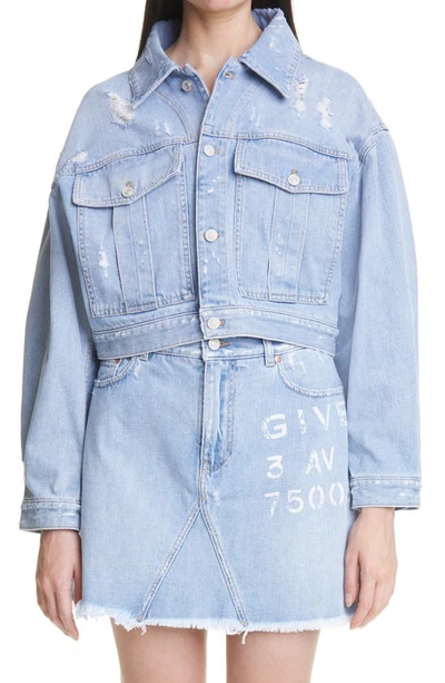 Shop Givenchy Back Logo Destroyed Crop Denim Jacket In Light Blue
