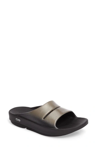 Shop Oofos Ooahh Luxe Slide Sandal In Black/ Latte