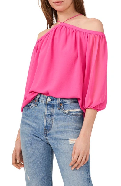 Shop 1.state Off The Shoulder Sheer Chiffon Blouse In Bright Mulberry