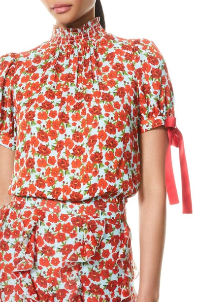 Shop Alice And Olivia Irene Floral Mock Neck Blouse In Forget Me Not Bright Poppy