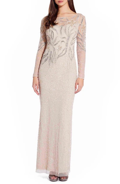 Shop Adrianna Papell Long Sleeve Beaded Column Gown In Biscotti