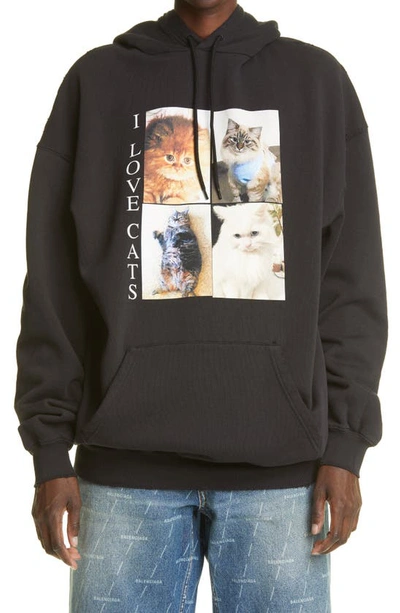 Shop Balenciaga I Love Cats Cotton Hoodie In Black