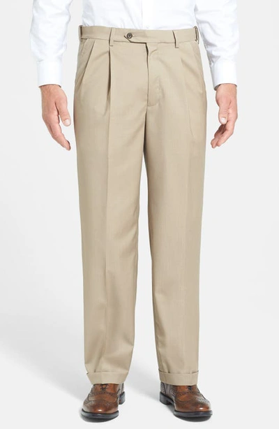 Shop Berle Self Sizer Waist Pleated Lightweight Plain Weave Classic Fit Trousers In Tan