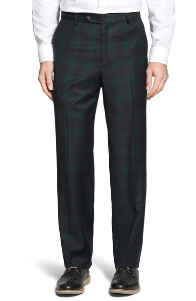Shop Berle Touch Finish Flat Front Classic Fit Plaid Wool Trousers In Green