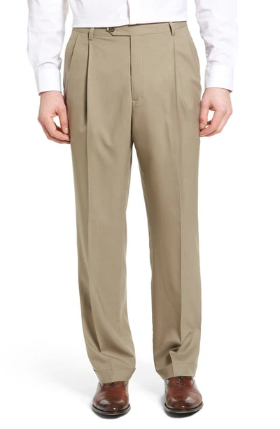 Shop Berle Lightweight Plain Weave Pleated Classic Fit Trousers In Tan