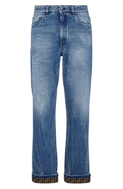 Shop Fendi Ff Turnup Straight Leg Jeans In Dark Blue