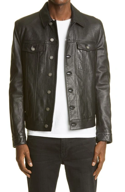 Shop Saint Laurent Leather Trucker Jacket In Black