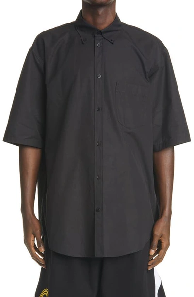 Shop Balenciaga Sponsor Logo Poplin Short Sleeve Button-down Shirt In Black