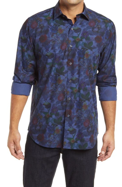 Shop Bugatchi Floral Button-up Cotton Shirt In Night Blue