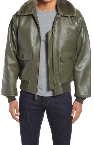 Shop Schott G-1 Leather Bomber Jacket With Genuine Shearling Trim In Olive