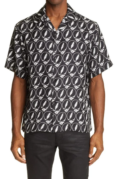 Shop Amiri Grateful Dead Skull Print Short Sleeve Button-up Silk Shirt In Black/ White