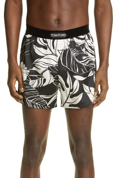 Shop Tom Ford Hibiscus Print Stretch Silk Boxers In Black/ Off White