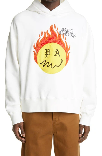 Shop Palm Angels Burning Head Applique Cotton Hoodie In Brilliant White Yellow