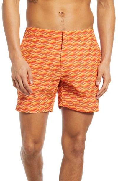 Shop Fair Harbor The Sextant Wave Print Swim Trunks In Orange Art Waves