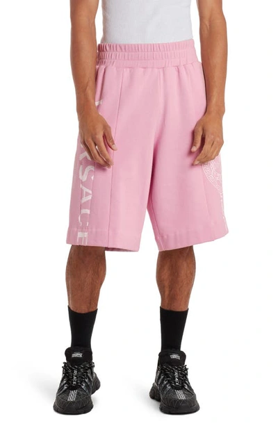 Shop Versace Stitch Medusa Logo Sweat Shorts In Pink