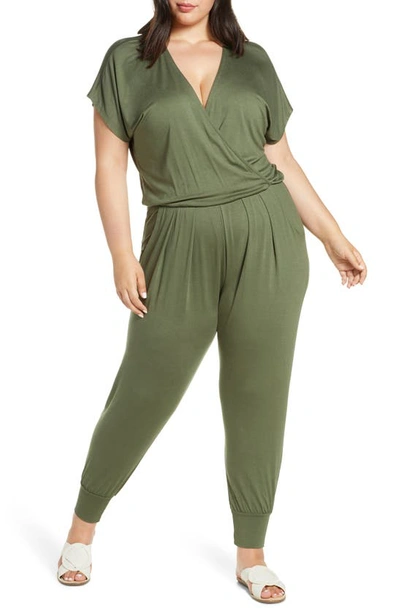 Loveappella Short Sleeve Wrap Top Jumpsuit In Olive