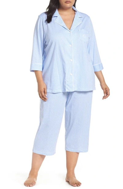 Shop Lauren Ralph Lauren Knit Crop Pajamas In Carissa Blue/ White Stripe