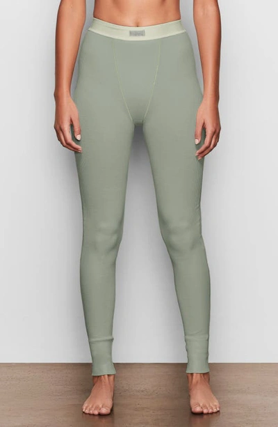 Cotton Rib Thermal Leggings In Mineral Green