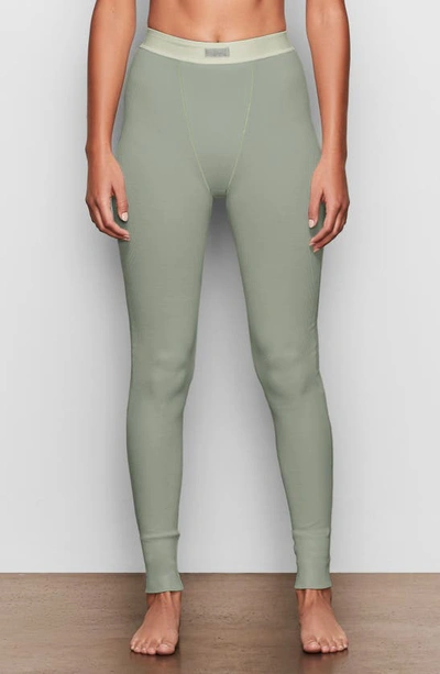 Shop Skims Stretch Cotton Rib Leggings In Mineral Green