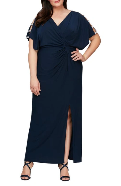 Shop Alex Evenings Embellished Sleeve Knot Front Gown In Navy