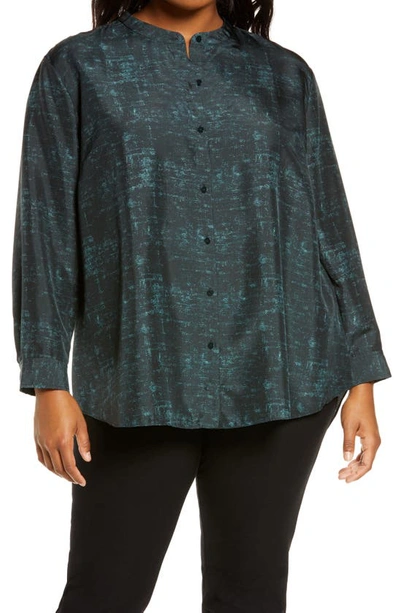 Shop Eileen Fisher Silk Mandarin Collar Shirt In Fongt