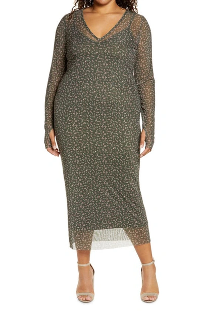 Shop Afrm Power Mesh Long Sleeve Midi Dress In Olive Tulip