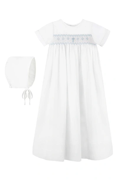 Carriage Boutique Smocked Christening Gown & Bonnet Set In White