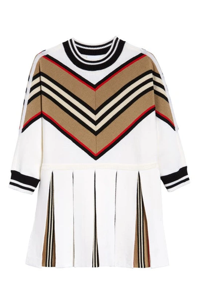 Shop Burberry Kids' Icon Stripe Long Sleeve Wool Blend Sweater Dress In White