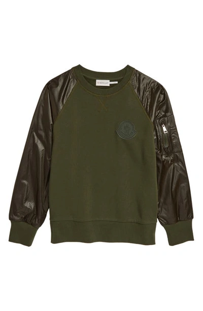 Shop Moncler Kids' Logo Patch Ripstop Sleeve Sweatshirt In Army Green