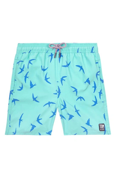Shop Tom & Teddy Kids' Bird Print Swim Trunks In Aqua Green Blue