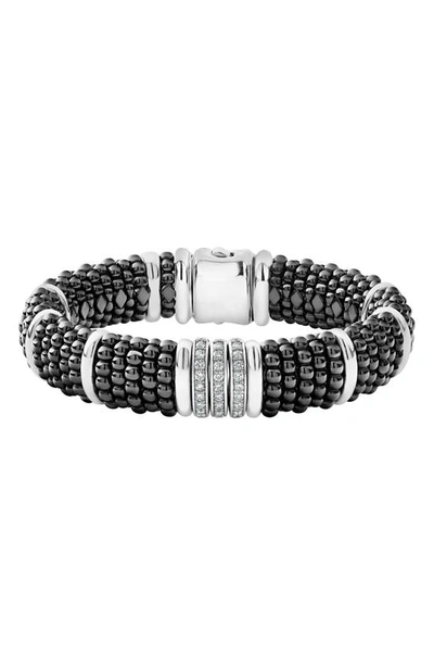 Shop Lagos Black Caviar Diamond Two-side Bracelet In Silver