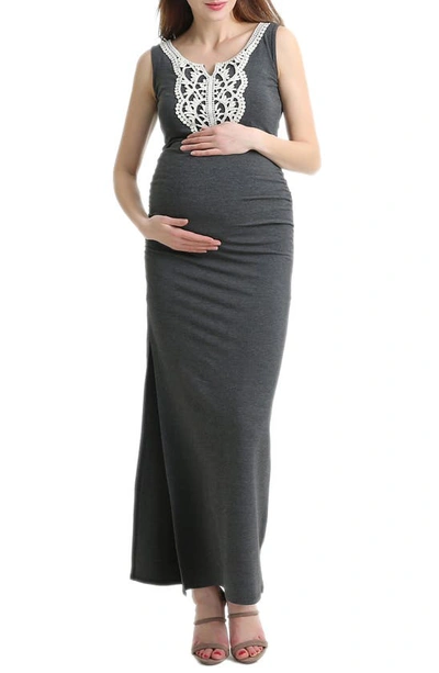 Shop Kimi And Kai Bethany Crochet Trim Maternity Maxi Dress In Dark Heather Grey