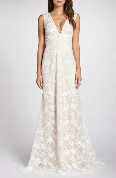 Shop Tadashi Shoji Grid & Floral Lace A-line Wedding Dress In Ivory/ Petal