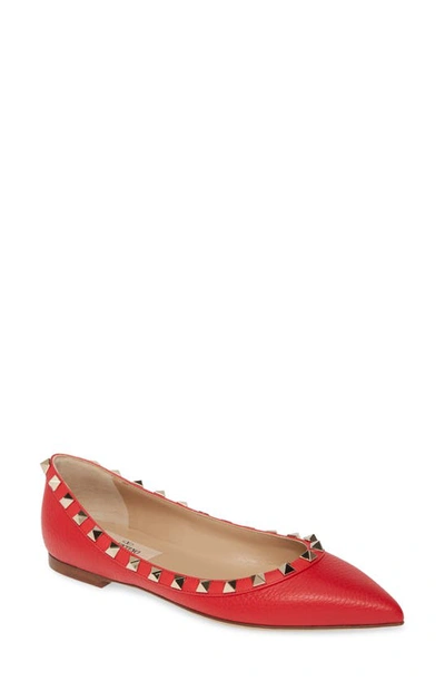 Shop Valentino Rockstud Pointed Toe Flat In Red Leather