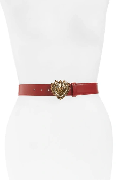 Shop Dolce & Gabbana Devotion Logo Heart Buckle Leather Belt In Poppy Red