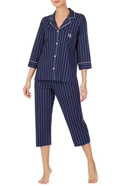 Shop Lauren Ralph Lauren Knit Crop Cotton Pajamas In Blue/white