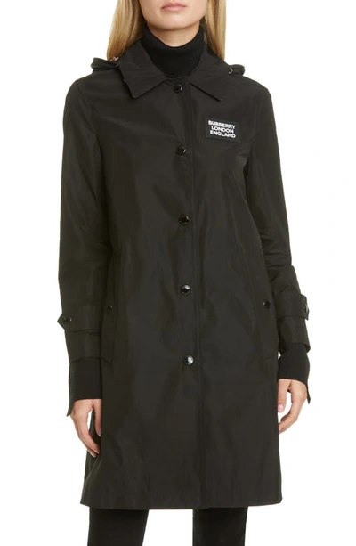 Shop Burberry Oxclose Logo Patch Hooded Taffeta Coat In Black
