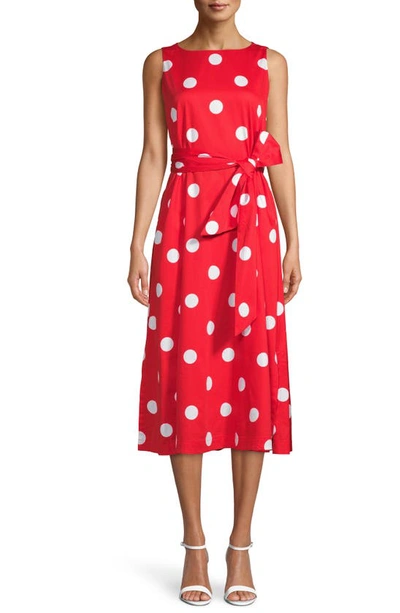 Shop Anne Klein Polka Dot Bateau Neck Midi Dress In Poppy/ White