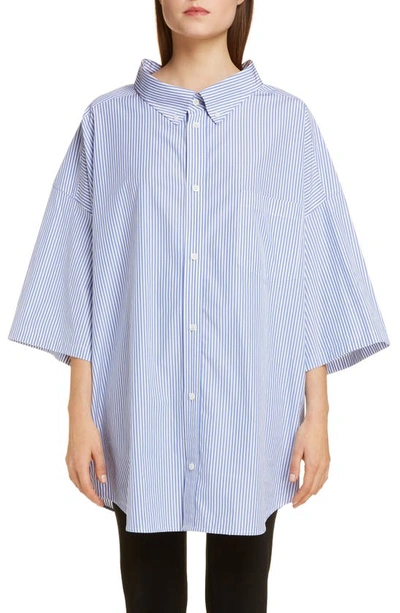 Shop Balenciaga Logo Pinstripe Poplin Tunic Shirt In Blue/ White